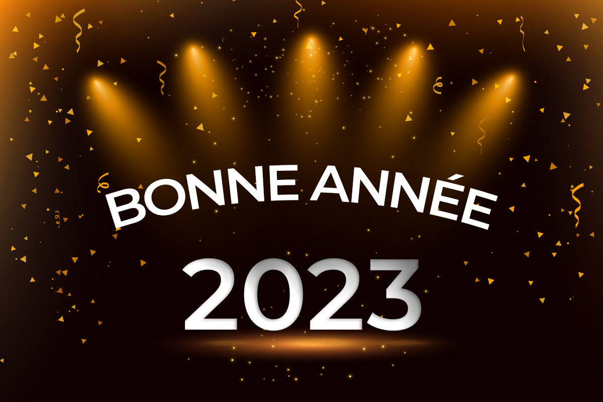 Image 2023 avec une scène décorée et une message de bonne année 2023