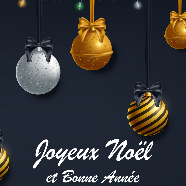 Image de Noël avec des boules décorées et un message de voeux pour Noël et nouvel an