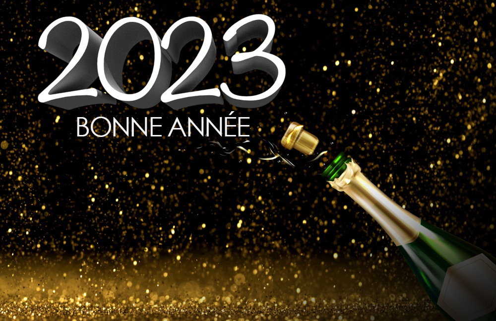 Images toast salutation avec bouteille de prosecco pour la nouvelle année 2023 et messages de bonne année