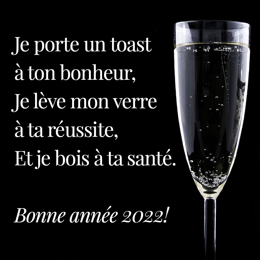 Image d'un verre de vin mousseux avec messagge pour porter un toast à 2023