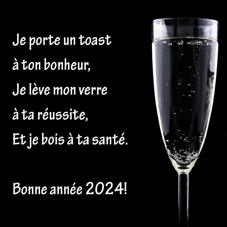 Image d'un verre de vin mousseux avec messagge pour porter un toast à 2024