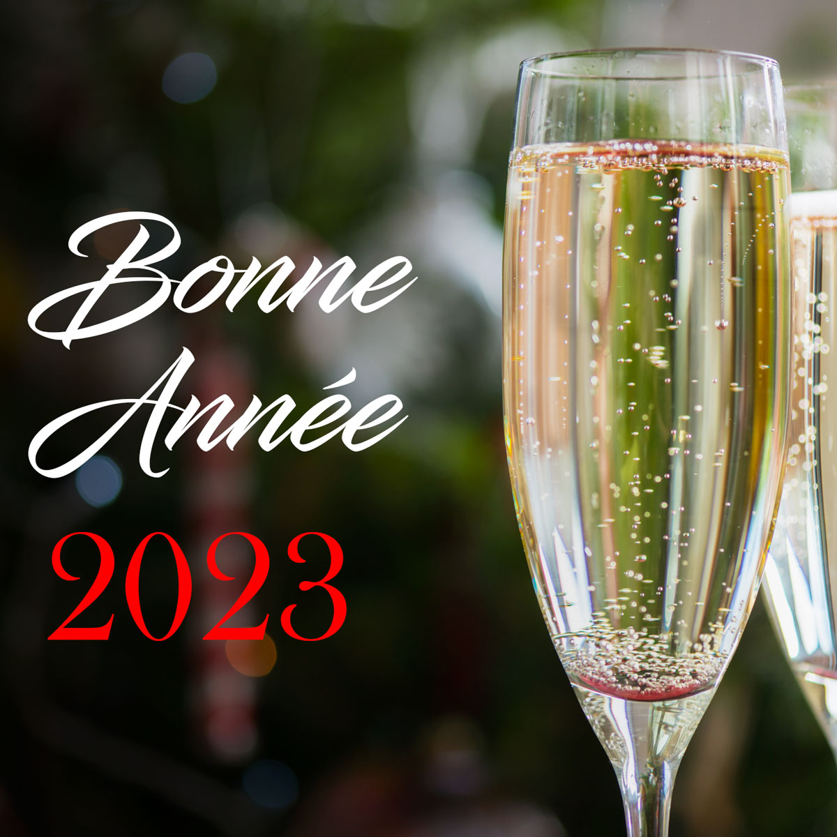 Image de voeux de bonne année avec verre pour porter un toast à la nouvelle année 2023