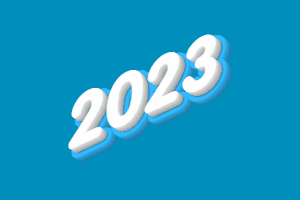Gif 2023 3D avec des voeux de bonne année. Le gif a un fond jaune et un texte animé blanc et gris.