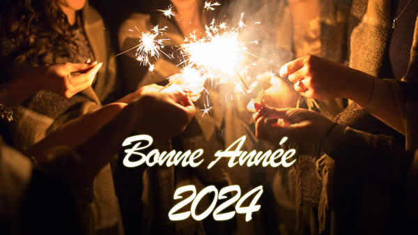 Image d'amis célébrant le Nouvel An 2024 avec des fusées éclairées