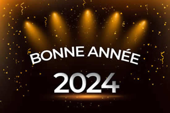 Carte de voeux 2024 avec scène, lumières et décorations pour le nouvel an
